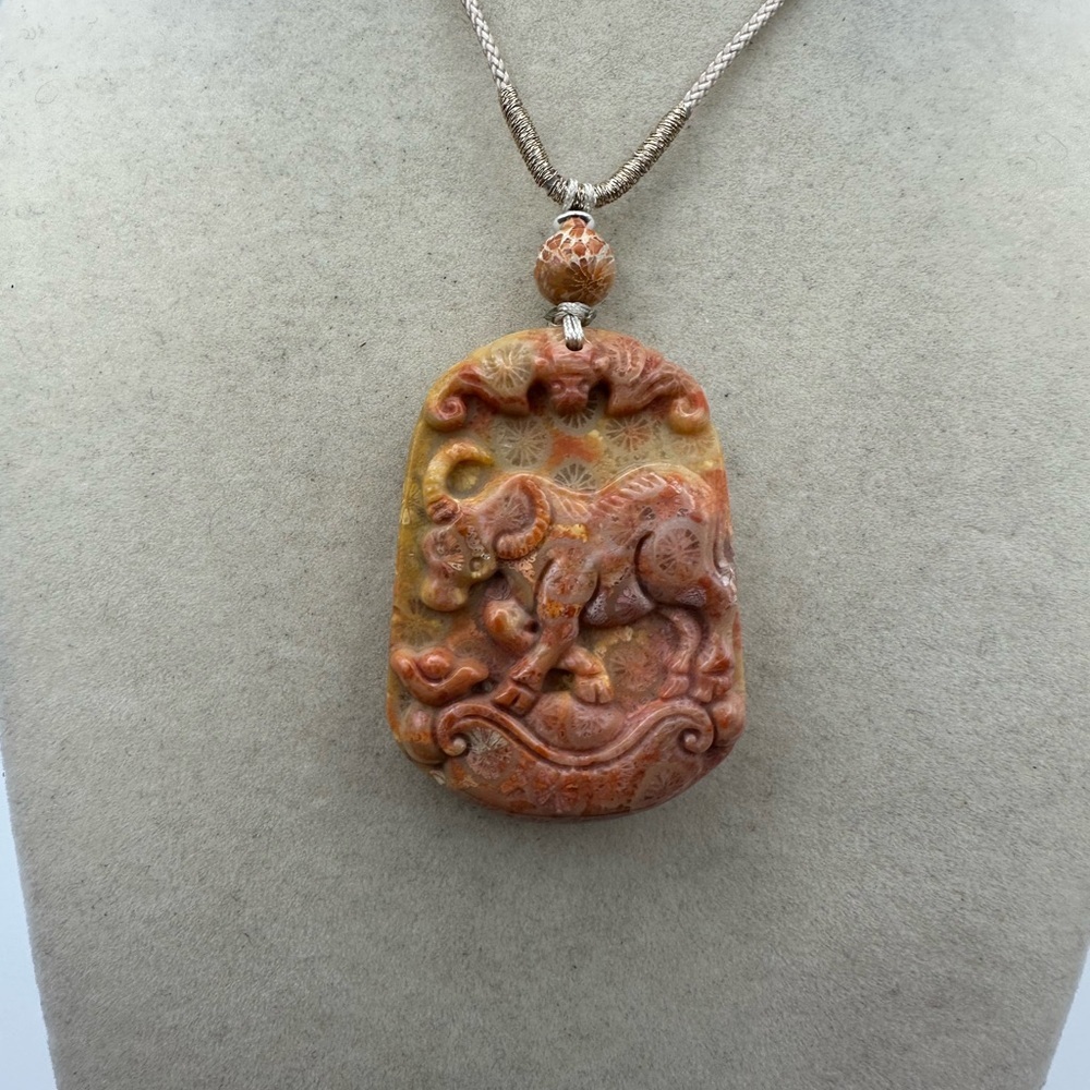 Coral Fossil Bull Pendant Necklace Silver Accent Adjustable Rope - Picture 2 of 9